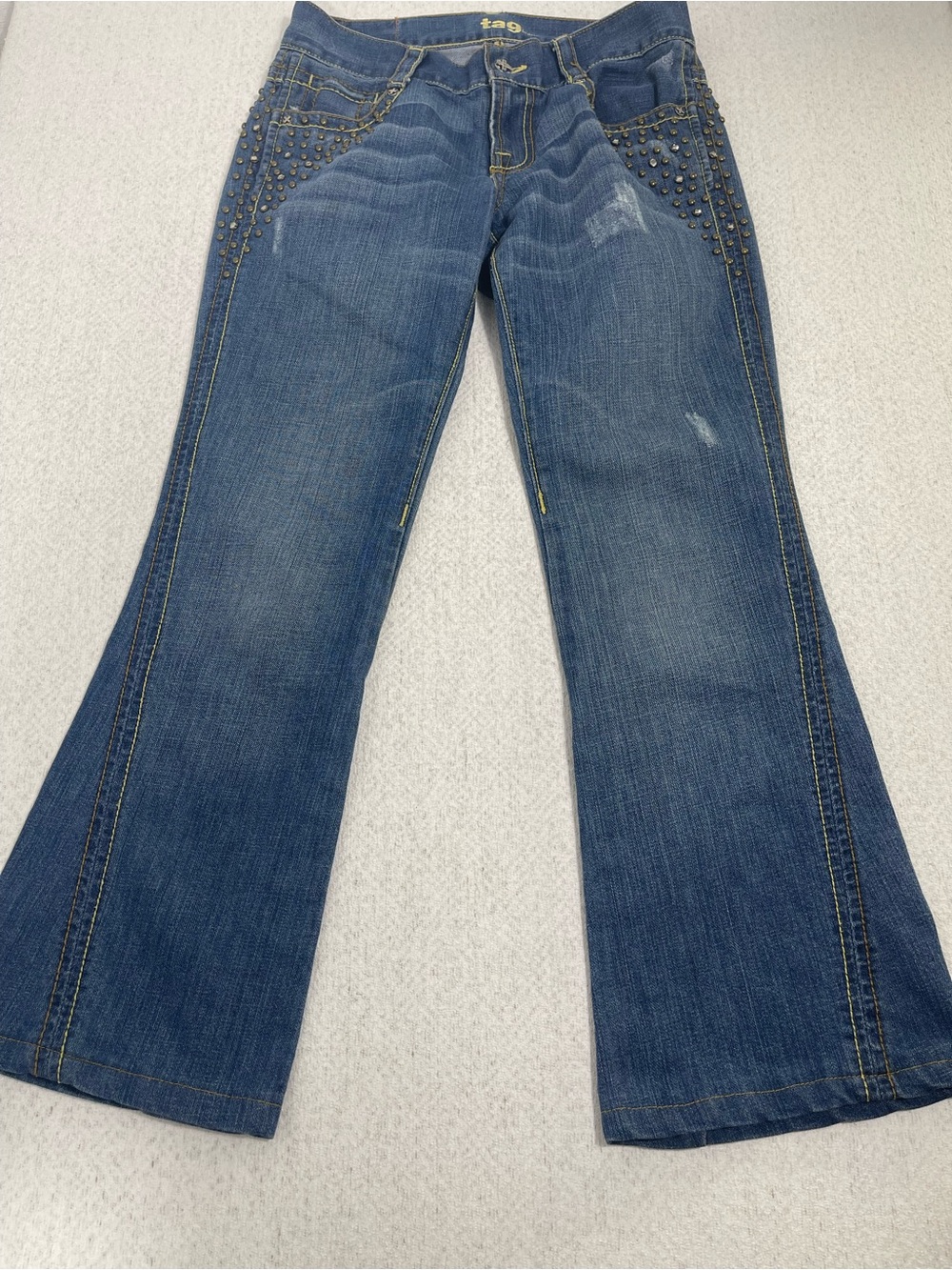 Tag Jeans VTG Y2K Low-rise Flare Flap Metallic Stud Embellishment Sz12 ID#1009.